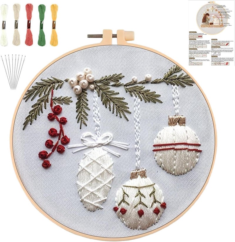 YOUDRN Christmas Embroidery Kits, Holly-Bauble Embroidery Kits for Adults,Christmas Embroidery Kit for Beginners with Pattern,Cotton Threads,Needles,Instruction,20cm Hoop (Holly-Bauble) - Image 1
